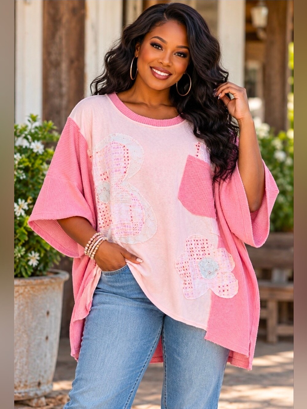 New! Oli and Hali Waffle-Knit Ribbed Floral Patchwork Tunic Blouse, Sz XL